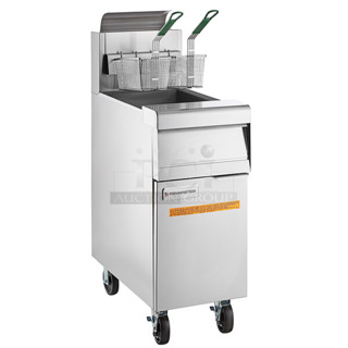 LIKE NEW! 2023 Frymaster MJ150 Stainless Steel Commercial Floor Style Propane Gas Powered Deep Fat Fryer W/ 2 Metal Fry Baskets. 122,000 BTU. 