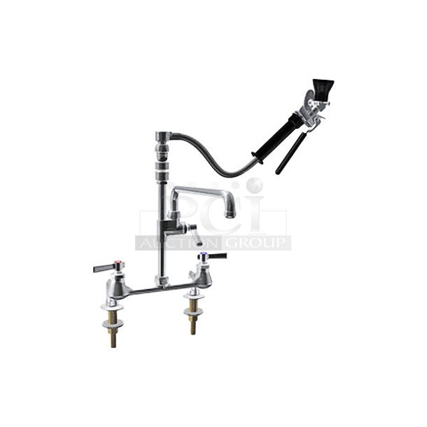 BRAND NEW SCRATCH AND DENT! Chicago Faucets AB686-117KCP 509-SSVBL12XKCAB Deck-Mounted Pre-Rinse Faucet with 8" Fixed Centers and Inline Vacuum Breaker - Image 1 of 7