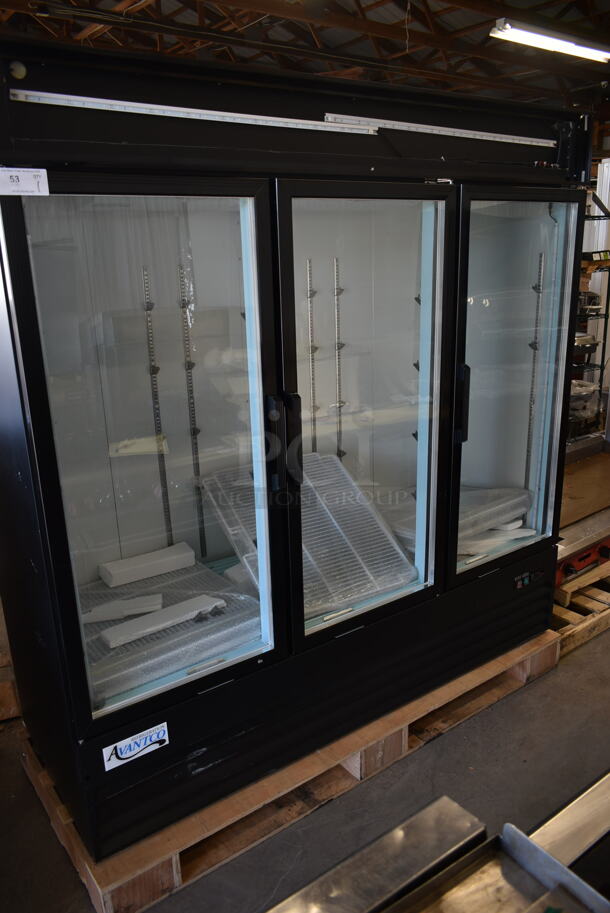 BRAND NEW SCRATCH AND DENT! 2023 Avantco 178GDC69HCB Metal Black 3 Door Reach In Cooler Swing Glass Door Merchandiser Refrigerator with LED Lighting and Poly Coated Racks. 115 Volts, 1 Phase.  Tested and Working! - Image 2 of 9