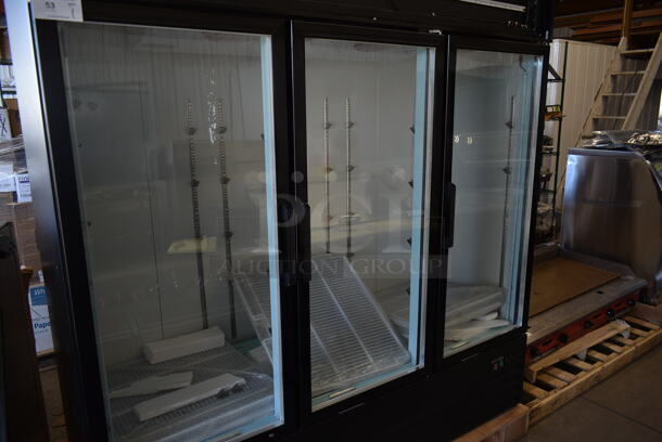 BRAND NEW SCRATCH AND DENT! 2023 Avantco 178GDC69HCB Metal Black 3 Door Reach In Cooler Swing Glass Door Merchandiser Refrigerator with LED Lighting and Poly Coated Racks. 115 Volts, 1 Phase.  Tested and Working! - Image 5 of 9
