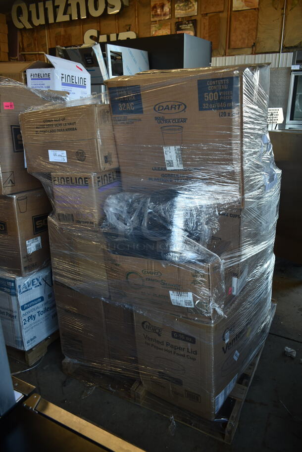 PALLET LOT of 18 Various Boxes of Paper Products Including Dart 32AC Clear Cups, Dart Famouservice Dinnerware 10-25" Plates, Fineline 10" Black Plates, Choice 6-16 oz Vented Paper Lids, Fineline 7.5" Salad Plates, Fineline 6" Dessert Plates, Fineline 10" Dinner Plates,  Choice Clear Plastic Lids, Choice Paper Lids, Newspring NC948B. 18 Times Your Bid! - Image 1 of 9