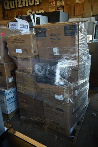 PALLET LOT of 18 Various Boxes of Paper Products Including Dart 32AC Clear Cups, Dart Famouservice Dinnerware 10-25" Plates, Fineline 10" Black Plates, Choice 6-16 oz Vented Paper Lids, Fineline 7.5" Salad Plates, Fineline 6" Dessert Plates, Fineline 10" Dinner Plates,  Choice Clear Plastic Lids, Choice Paper Lids, Newspring NC948B. 18 Times Your Bid!