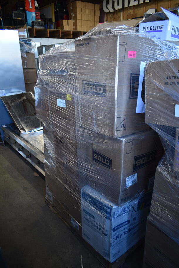 PALLET LOT of 22 Various Boxes of Paper Products Including Fineline 6" Dessert Plates, Fineline 6" White Plates, Fineline Black 3 Section Plates, 7.5" Salad Plates, 1325402, Dart Famouservice 10-25" Compartment Plates, DArt 412SIN Paper Cups, Dart 316SI Cups, Lavex 2 Ply Toilet Paper, Choice Clear Plastic Lid for 32 oz Cup, 370MS-0029 Hot Cup. 22 Times Your Bid! - Image 1 of 11