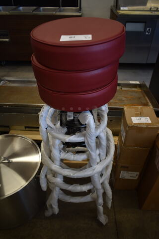 3 BRAND NEW SCRATCH AND DENT! Black Metal Stools w/ Maroon Seat Cushions. 3 Times Your Bid!