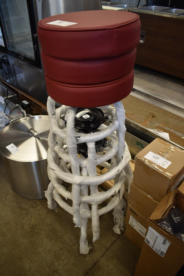 3 BRAND NEW SCRATCH AND DENT! Black Metal Stools w/ Maroon Seat Cushions. 3 Times Your Bid! - Image 3 of 5