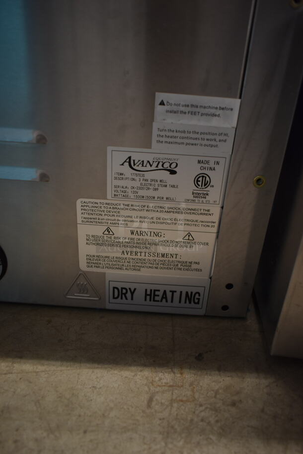 BRAND NEW SCRATCH AND DENT! Avantco 177STE3S Stainless Steel Commercial Three Bay Open Well Electric Steam Table with Undershelf. 120 Volts, 1 Phase. Tested and Working! - Image 3 of 7