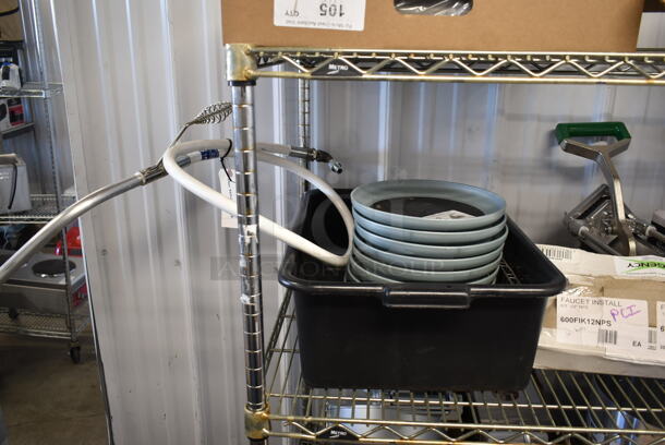 ALL ONE MONEY! Lot of BRAND NEW SCRATCH AND DENT! Items; 10 Aladdin Temp-Rite Gray Round Trays, Frymaster 3691061455SP Hose Assembly and Black Poly Bin - Image 1 of 9