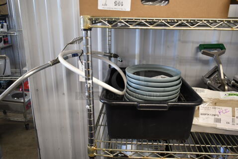 ALL ONE MONEY! Lot of BRAND NEW SCRATCH AND DENT! Items; 10 Aladdin Temp-Rite Gray Round Trays, Frymaster 3691061455SP Hose Assembly and Black Poly Bin