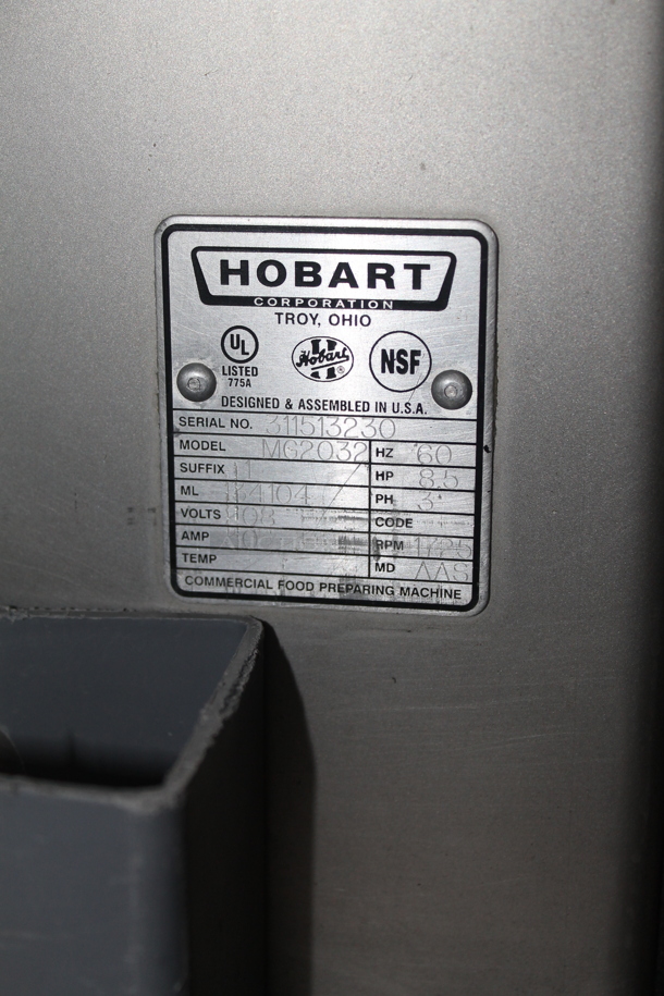 2016 Hobart MG2032 Metal Commercial Floor Style Electric Powered Meat Grinder w/ Foot Pedal on Commercial Casters. 208 Volts, 3 Phase. - Image 6 of 6