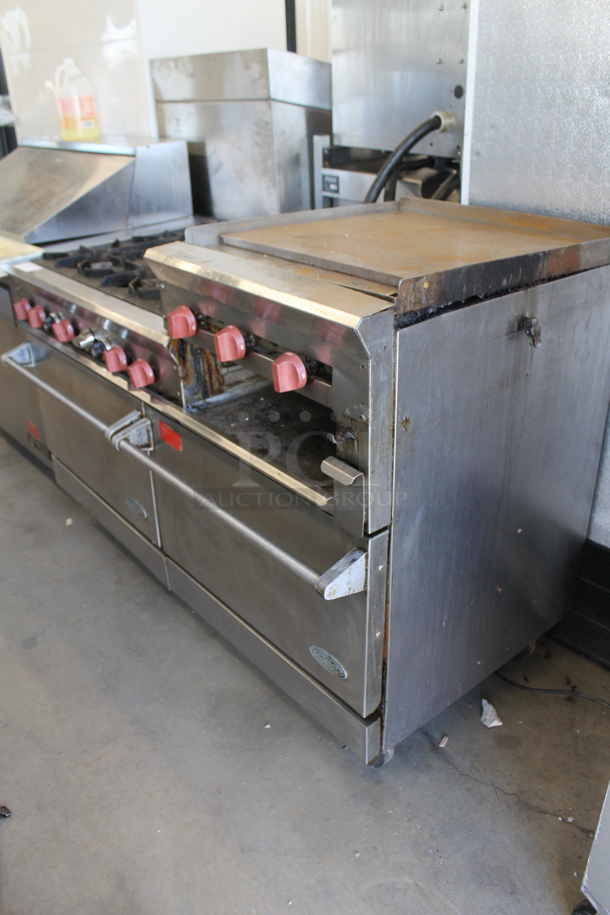 Dynamic Cooking Systems DCS Stainless Steel Commercial Natural Gas Powered 6 Burner Range w/ Right Side Flat Top Griddle and 2 Ovens on Commercial Casters. - Image 2 of 7