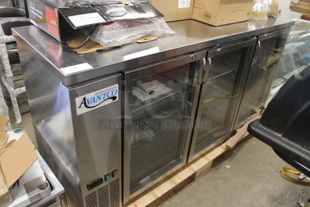 BRAND NEW SCRATCH AND DENT! 2023 Avantco 178UBB72GHCS UBB-72G-HC-S 73" Stainless Steel Counter Height Narrow Glass Door Back Bar Refrigerator Merchandiser with LED Lighting. 115 Volts, 1 Phase. Tested and Working! - Image 2 of 9