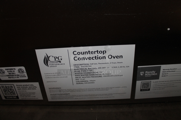 BRAND NEW SCRATCH AND DENT! Cooking Performance Group CPG 351COHT4M Stainless Steel Electric Powered Thermostatic Countertop 4 Tray Half Size Convection Oven with Steam Injection. See Pictures for Broken Door Pane. 208-240 Volts, 1 Phase. - Image 6 of 6