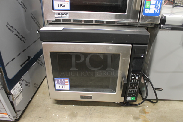 BRAND NEW SCRATCH AND DENT! 2023 Amana RC17S2 Stainless Steel Commercial Countertop Heavy Duty Stainless Steel Commercial Microwave Oven with Push Button Controls. 208/240 Volts, 1 Phase.  - Image 2 of 5