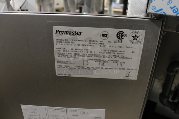BRAND NEW SCRATCH AND DENT! 2023 Frymaster MJ1CFSE Stainless Steel Commercial Floor Style 60-80 lb. Capacity Propane Gas Powered Deep Fat Fryer w/ 2 Metal Fry Baskets. 150,000 BTU.  - Image 7 of 8