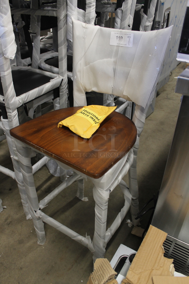BRAND NEW SCRATCH AND DENT! Metal Bar Height Chairs w/ Wood Pattern Seat - Image 3 of 4