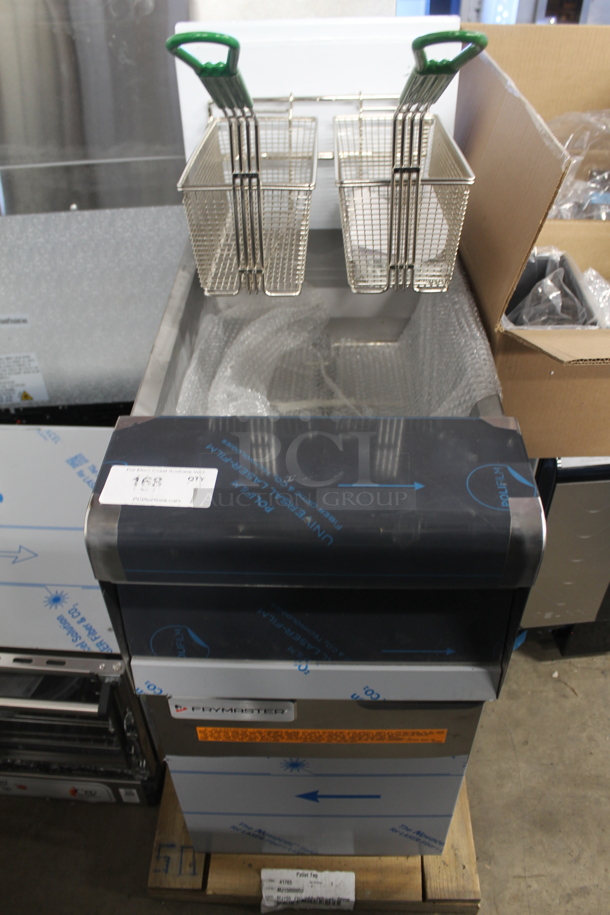 LIKE NEW! 2023 Frymaster MJ150 Stainless Steel Commercial Floor Style Propane Gas Powered Deep Fat Fryer W/ 2 Metal Fry Baskets. 122,000 BTU.  - Image 2 of 7