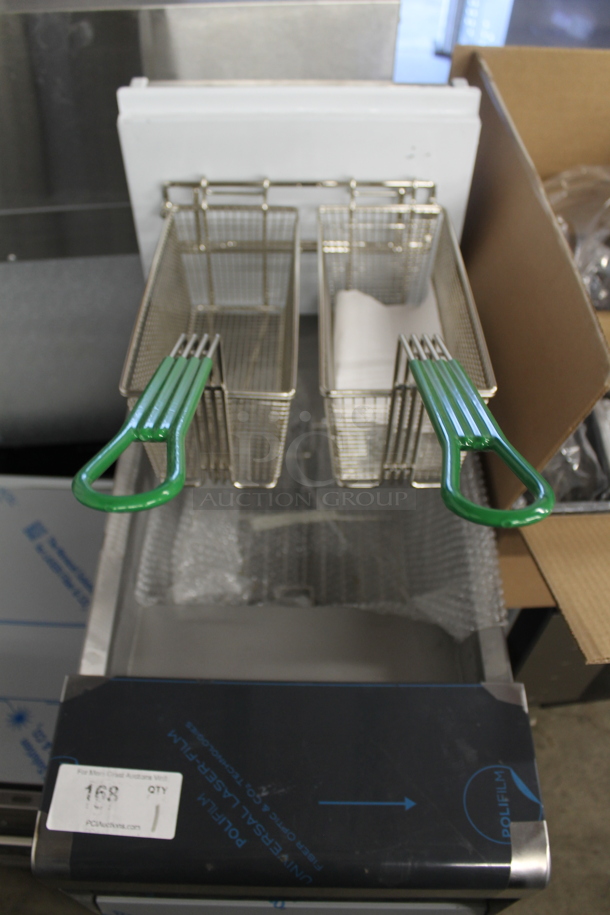 LIKE NEW! 2023 Frymaster MJ150 Stainless Steel Commercial Floor Style Propane Gas Powered Deep Fat Fryer W/ 2 Metal Fry Baskets. 122,000 BTU.  - Image 3 of 7