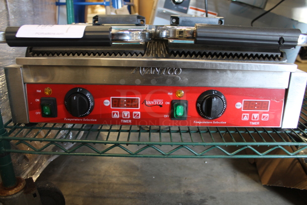 BRAND NEW SCRATCH AND DENT! Avantco PG400T 177PG4001 Commercial Dual Panini Sandwich Grill with Timer, Grooved Plates, and 19 5/8" x 9 1/8" Cooking Surface. 120 Volts, 1 Phase. Tested and Working! - Image 3 of 6