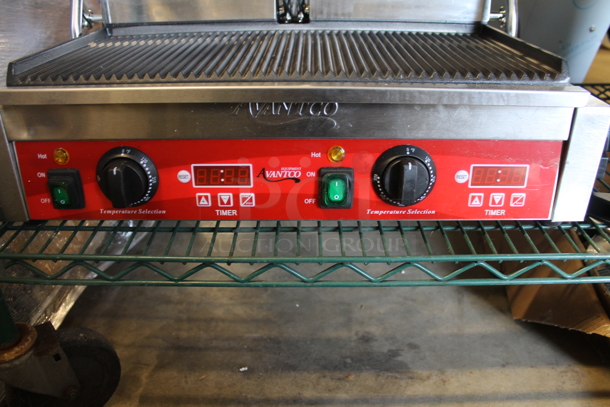 BRAND NEW SCRATCH AND DENT! Avantco PG400T 177PG4001 Commercial Dual Panini Sandwich Grill with Timer, Grooved Plates, and 19 5/8" x 9 1/8" Cooking Surface. 120 Volts, 1 Phase. Tested and Working! - Image 5 of 6