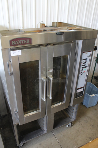 Baxter OV300G Stainless Steel Commercial Natural Gas Powered Mini Rotating Rack Oven w/ Dual Pan Rack on Commercial Casters. 95,000 BTU.
