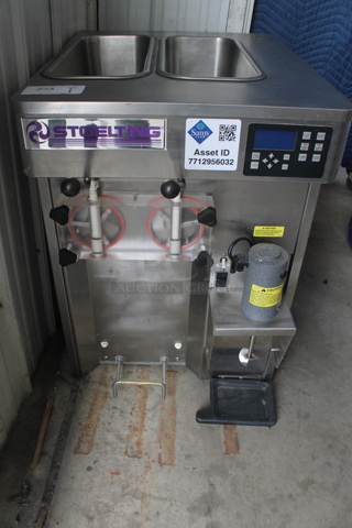 2016 Stoelting SF121-38I2 Stainless Steel Commercial Countertop Air Cooled 2 Flavor w/ Twist Soft Serve Ice Cream Machine w/ Mixing Head Attachment. 208-240 Volts, 1 Phase.