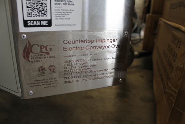 BRAND NEW SCRATCH AND DENT! Cooking Performance Group CPG 351ICOED Stainless Steel Commercial Countertop Electric Powered Impinger Conveyor Pizza Oven with 50" Belt. 240 Volts, 1/3 Phase. Tested and Working! - Image 7 of 7