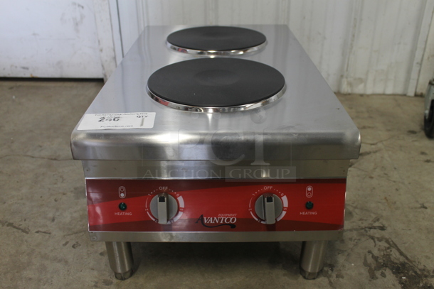 BRAND NEW SCRATCH AND DENT! Avantco 177CER200 Stainless Steel Commercial Dual Solid French-Style Burner Countertop Electric Rang. 208/240 Volts, 1 Phase.
 - Image 2 of 7