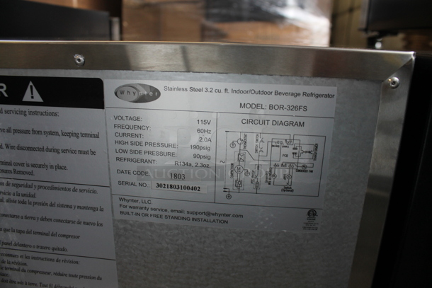 BRAND NEW SCRATCH AND DENT! Whynter BOR-326FS Stainless Steel Mini Single Door Outdoor Cooler. 3.2 cu. ft. 115 Volts, 1 Phase. Tested and Working! - Image 3 of 3