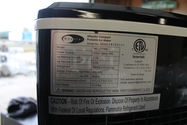 BRAND NEW SCRATCH AND DENT! Whynter IMC-270MB Portable 27lb Compact Countertop Ice Maker. 115 Volts, 1 Phase. Tested and Working! - Image 6 of 6