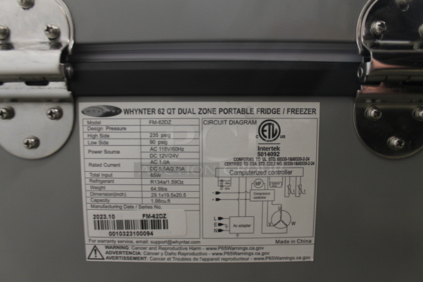 BRAND NEW SCRATCH AND DENT! Whynter FM-62DZ 62 Quart Dual Zone Portable Refrigerator and Deep Freezer Chest, AC 110V/ DC 12V, Real Freezer for Car, Home, and RV, -8°F to 50°F Temperature Range. 115 Volts, 1 Phase. Tested and Working! - Image 8 of 8