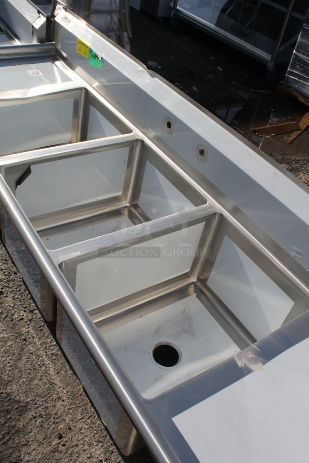 BRAND NEW SCRATCH AND DENT! Regency 600S31824218 94" 16-Gauge Stainless Steel Three Compartment Commercial Sink with 2 Drainboards - 18" x 24" x 14" Bowls. No Legs.  - Image 4 of 6