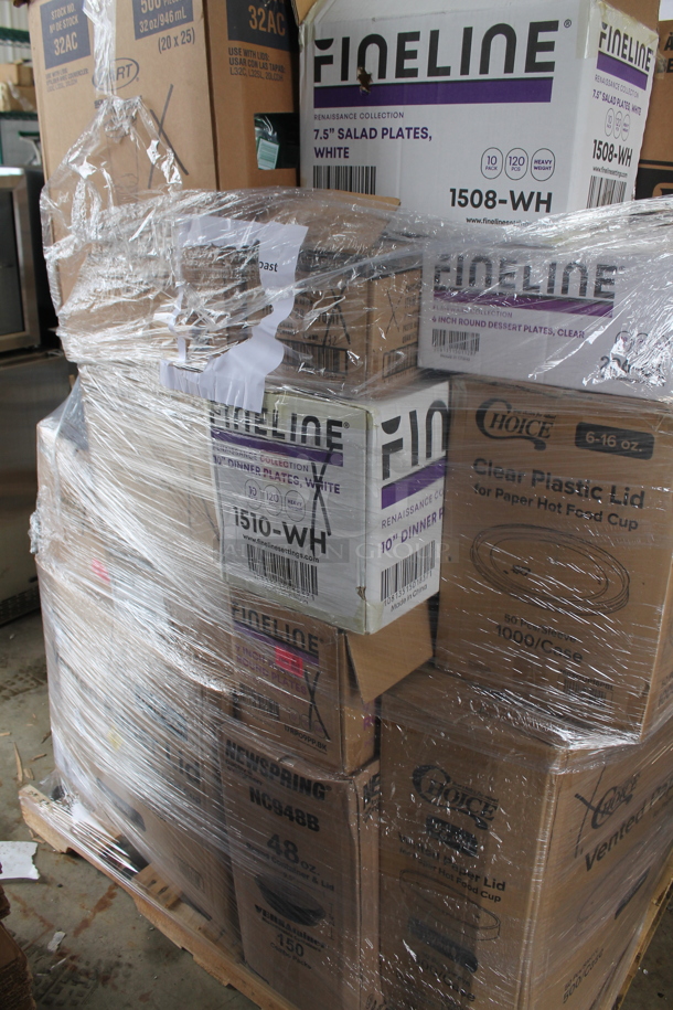 PALLET LOT of 18 Various Boxes of Paper Products Including Dart 32AC Clear Cups, Dart Famouservice Dinnerware 10-25" Plates, Fineline 10" Black Plates, Choice 6-16 oz Vented Paper Lids, Fineline 7.5" Salad Plates, Fineline 6" Dessert Plates, Fineline 10" Dinner Plates,  Choice Clear Plastic Lids, Choice Paper Lids, Newspring NC948B. 18 Times Your Bid! - Image 6 of 9