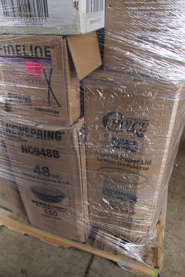 PALLET LOT of 18 Various Boxes of Paper Products Including Dart 32AC Clear Cups, Dart Famouservice Dinnerware 10-25" Plates, Fineline 10" Black Plates, Choice 6-16 oz Vented Paper Lids, Fineline 7.5" Salad Plates, Fineline 6" Dessert Plates, Fineline 10" Dinner Plates,  Choice Clear Plastic Lids, Choice Paper Lids, Newspring NC948B. 18 Times Your Bid! - Image 5 of 9
