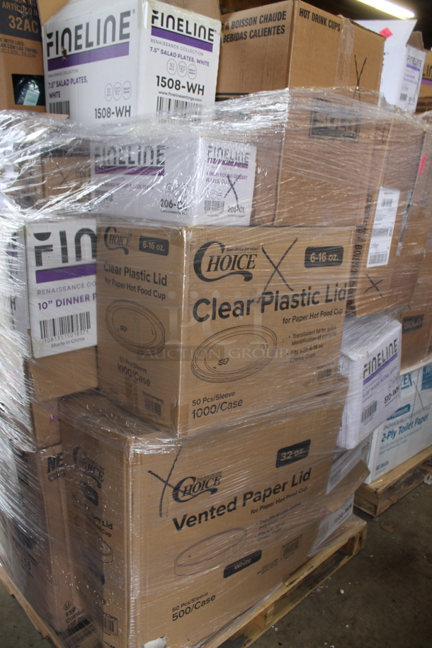 PALLET LOT of 18 Various Boxes of Paper Products Including Dart 32AC Clear Cups, Dart Famouservice Dinnerware 10-25" Plates, Fineline 10" Black Plates, Choice 6-16 oz Vented Paper Lids, Fineline 7.5" Salad Plates, Fineline 6" Dessert Plates, Fineline 10" Dinner Plates,  Choice Clear Plastic Lids, Choice Paper Lids, Newspring NC948B. 18 Times Your Bid! - Image 7 of 9