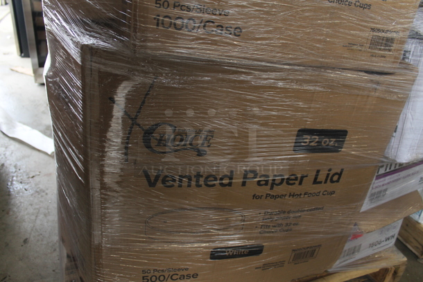 PALLET LOT of 18 Various Boxes of Paper Products Including Dart 32AC Clear Cups, Dart Famouservice Dinnerware 10-25" Plates, Fineline 10" Black Plates, Choice 6-16 oz Vented Paper Lids, Fineline 7.5" Salad Plates, Fineline 6" Dessert Plates, Fineline 10" Dinner Plates,  Choice Clear Plastic Lids, Choice Paper Lids, Newspring NC948B. 18 Times Your Bid! - Image 9 of 9