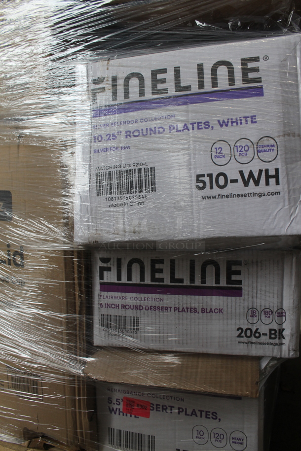 PALLET LOT of 18 Various Boxes of Paper Products Including Dart 32AC Clear Cups, Dart Famouservice Dinnerware 10-25" Plates, Fineline 10" Black Plates, Choice 6-16 oz Vented Paper Lids, Fineline 7.5" Salad Plates, Fineline 6" Dessert Plates, Fineline 10" Dinner Plates,  Choice Clear Plastic Lids, Choice Paper Lids, Newspring NC948B. 18 Times Your Bid! - Image 8 of 9