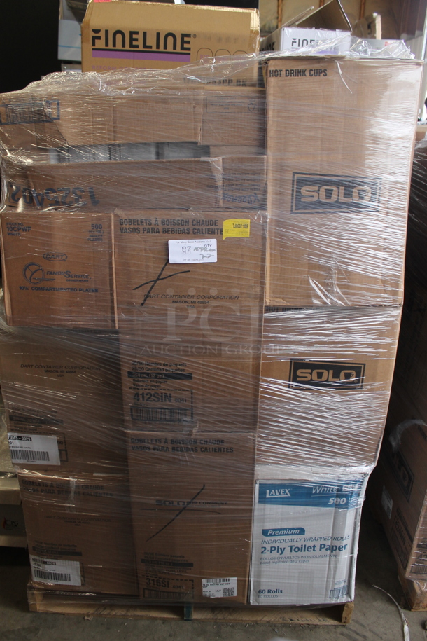 PALLET LOT of 22 Various Boxes of Paper Products Including Fineline 6" Dessert Plates, Fineline 6" White Plates, Fineline Black 3 Section Plates, 7.5" Salad Plates, 1325402, Dart Famouservice 10-25" Compartment Plates, DArt 412SIN Paper Cups, Dart 316SI Cups, Lavex 2 Ply Toilet Paper, Choice Clear Plastic Lid for 32 oz Cup, 370MS-0029 Hot Cup. 22 Times Your Bid! - Image 11 of 11