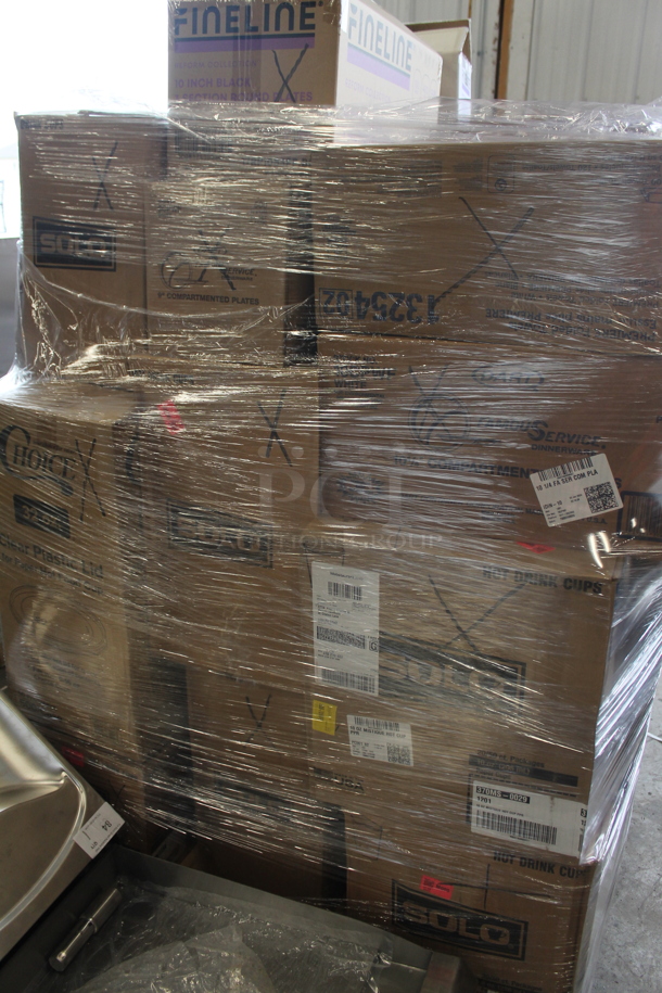 PALLET LOT of 22 Various Boxes of Paper Products Including Fineline 6" Dessert Plates, Fineline 6" White Plates, Fineline Black 3 Section Plates, 7.5" Salad Plates, 1325402, Dart Famouservice 10-25" Compartment Plates, DArt 412SIN Paper Cups, Dart 316SI Cups, Lavex 2 Ply Toilet Paper, Choice Clear Plastic Lid for 32 oz Cup, 370MS-0029 Hot Cup. 22 Times Your Bid! - Image 10 of 11