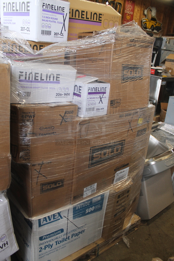 PALLET LOT of 22 Various Boxes of Paper Products Including Fineline 6" Dessert Plates, Fineline 6" White Plates, Fineline Black 3 Section Plates, 7.5" Salad Plates, 1325402, Dart Famouservice 10-25" Compartment Plates, DArt 412SIN Paper Cups, Dart 316SI Cups, Lavex 2 Ply Toilet Paper, Choice Clear Plastic Lid for 32 oz Cup, 370MS-0029 Hot Cup. 22 Times Your Bid! - Image 6 of 11
