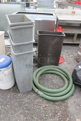 ALL ONE MONEY! Lot of 5 Slim Jim Trash Cans and Green Hose