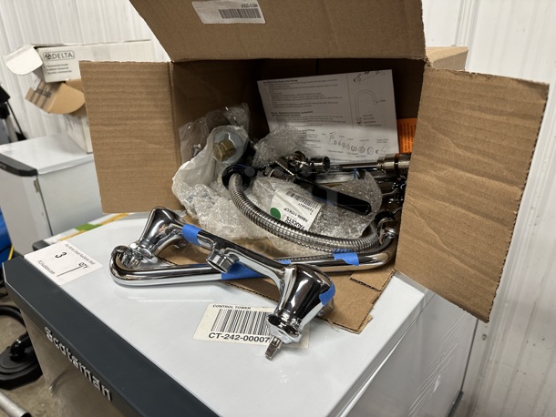 BRAND NEW SCRATCH AND DENT! Chicago Faucets AB686-117KCP 509-SSVBL12XKCAB Deck-Mounted Pre-Rinse Faucet with 8" Fixed Centers and Inline Vacuum Breaker - Image 3 of 7