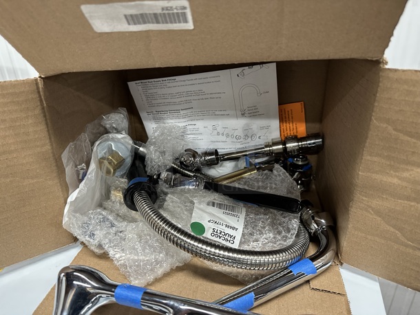 BRAND NEW SCRATCH AND DENT! Chicago Faucets AB686-117KCP 509-SSVBL12XKCAB Deck-Mounted Pre-Rinse Faucet with 8" Fixed Centers and Inline Vacuum Breaker - Image 4 of 7