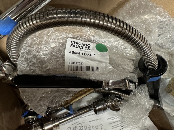BRAND NEW SCRATCH AND DENT! Chicago Faucets AB686-117KCP 509-SSVBL12XKCAB Deck-Mounted Pre-Rinse Faucet with 8" Fixed Centers and Inline Vacuum Breaker - Image 5 of 7