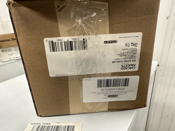 BRAND NEW SCRATCH AND DENT! Chicago Faucets AB686-117KCP 509-SSVBL12XKCAB Deck-Mounted Pre-Rinse Faucet with 8" Fixed Centers and Inline Vacuum Breaker - Image 7 of 7