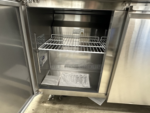 BRAND NEW SCRATCH AND DENT! 2023 Avantco 178SSWT72RHC SS-WT-72R-HC Stainless Steel Commercial 72" Three Door Worktop Refrigerator with 3 1/2" Backsplash on Commercial Casters. 115 Volts, 1 Phase. Tested and Working! - Image 7 of 10