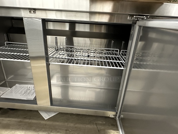BRAND NEW SCRATCH AND DENT! 2023 Avantco 178SSWT72RHC SS-WT-72R-HC Stainless Steel Commercial 72" Three Door Worktop Refrigerator with 3 1/2" Backsplash on Commercial Casters. 115 Volts, 1 Phase. Tested and Working! - Image 8 of 10