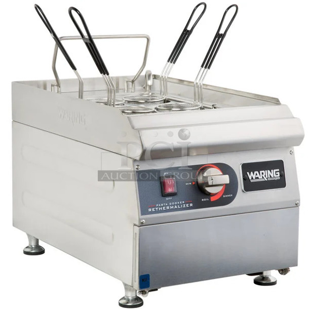 BRAND NEW IN BOX! Waring WPC100 Stainless Steel Commercial Countertop Electric Powered 3.5 Gallon Electric Pasta Cooker / Rethermalizer w/ Baskets. 240 Volts. - Image 1 of 5