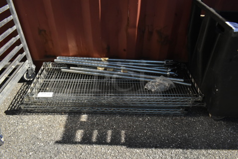ALL ONE MONEY! Lot of 5 Chrome Finish Wire Shelves and 8 Chrome Finish Poles.