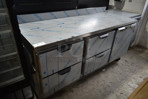 LIKE NEW! Beverage Air WTRD72AHC-4-FIP Stainless Steel Commercial Work Top Cooler w/ Door and 4 Drawers on Commercial Casters. 115 Volts, 1 Phase. Tested and Working! - Image 2 of 9