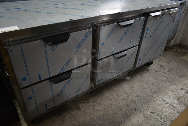LIKE NEW! Beverage Air WTRD72AHC-4-FIP Stainless Steel Commercial Work Top Cooler w/ Door and 4 Drawers on Commercial Casters. 115 Volts, 1 Phase. Tested and Working! - Image 4 of 9